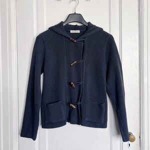 Tara Jarmon • Hooded Toggle Sweater navy blue ribbed cotton boxy chunky knit